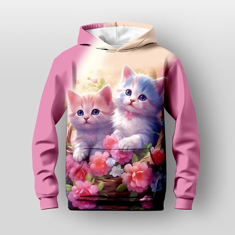 Girls' 3D Floral Cartoon Cat Hoodie Long Sleeve 3D Print Fall Winter Active Fashion Cute Kids 3-12 Years Outdoor Casual Daily Regular Fit