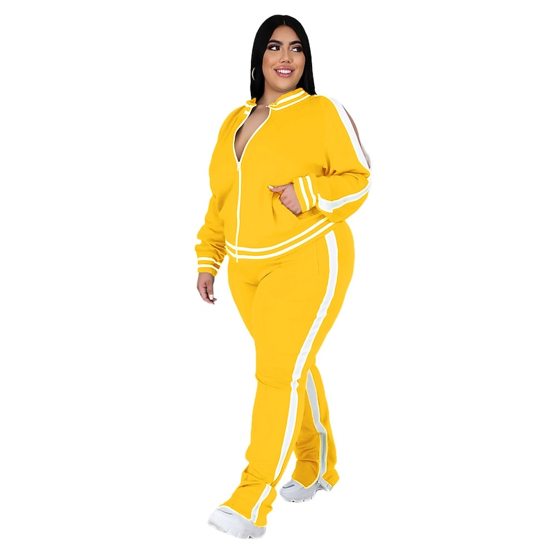 Women's Tracksuit Sweatsuit Drawstring 2 Piece Striped Jacket and Sweatpants Outfit Set Clothing Suit Fall Black Yellow Jogging Training Exercise Thermal Warm Soft Breathable Long Sleeve Sport3