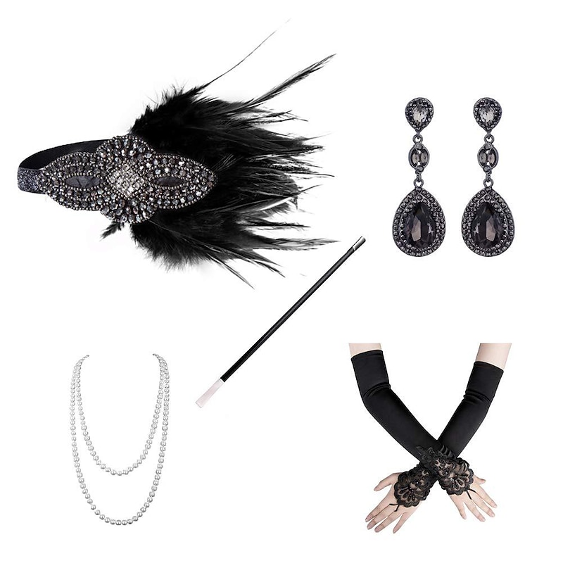 Vintage 1920s The Great Gatsby Flapper Headband Accessories Set Charleston Feather Fancy Dress Women's Masquerade Bachelorette Party Festival Adults' Gloves Headband All Seasons4