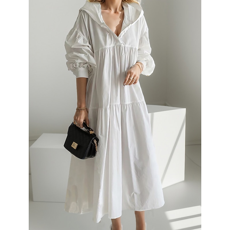 Women's Black White khaki Fall Winter Autumn Maxi Dress White Dress Cotton Linen Dresses Shirt Dress Fashion Basic Classic Outdoor Vacation Daily Loose Fit Plain Hooded