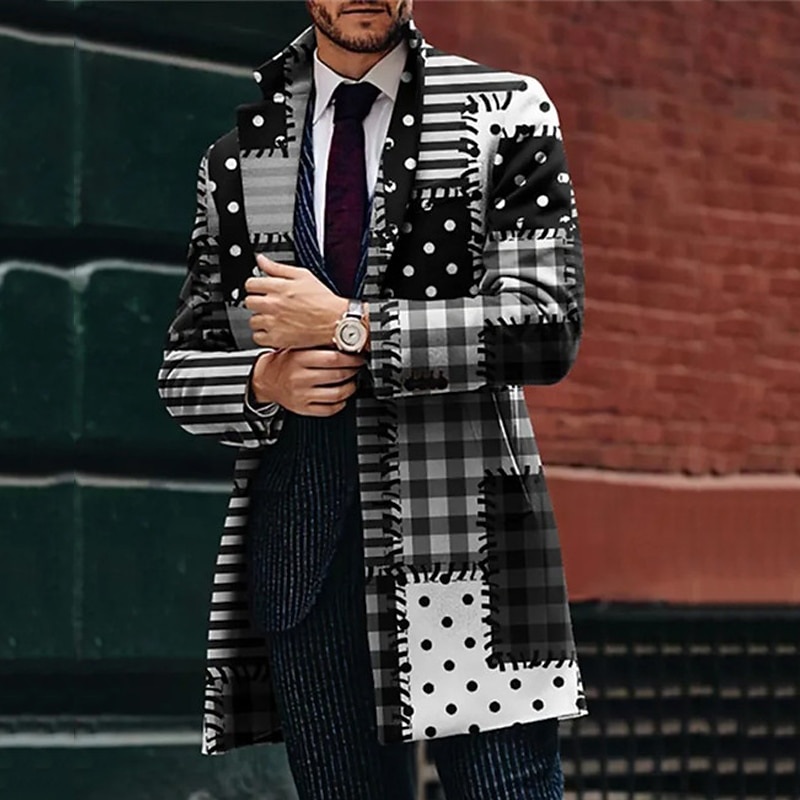 Men's Plaid Geometry Winter Coat Overcoat Coat Warm Comfortable Breathable Business Work Wear to work Going out Pocket Print Fall & Winter Turndown Long Sleeve Black Blue Purple