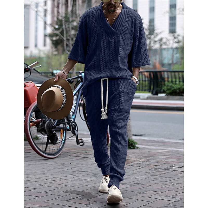 Men's T-shirt Suits Tracksuit Tennis Shirt Tees and Drawstring Long Pants 3/4-Length Sleeve V Neck Spring &  Fall Plain Gymnatics Casual 2 Piece Knitting Vacation Daily Wear Activewear Black White2