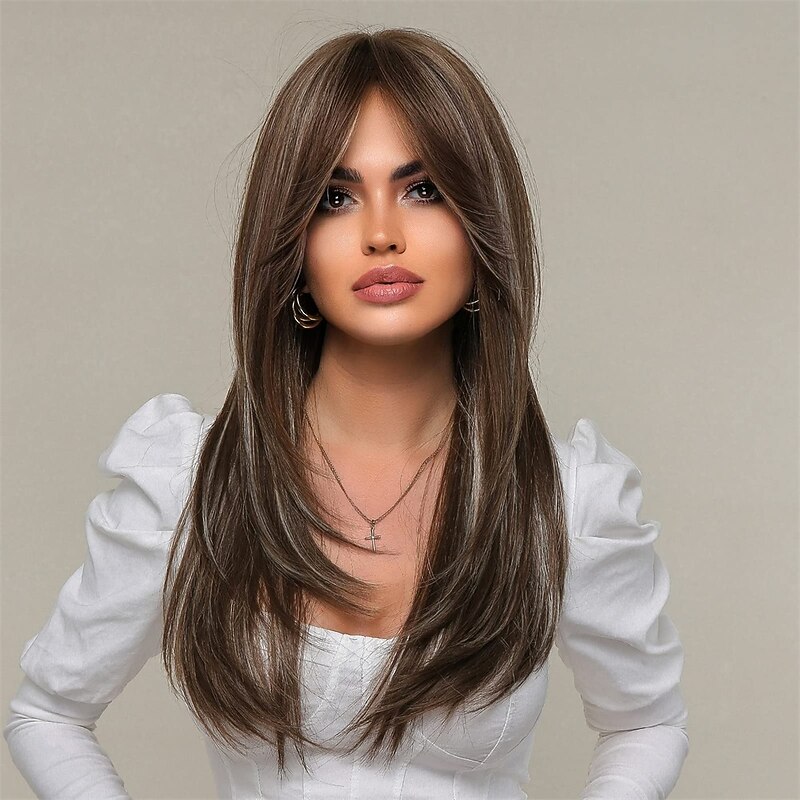 Brown Wigs for WomenLong Layered Wigs with Curtain Bangs Heat Resistant Synthetic Fibre Wigs4