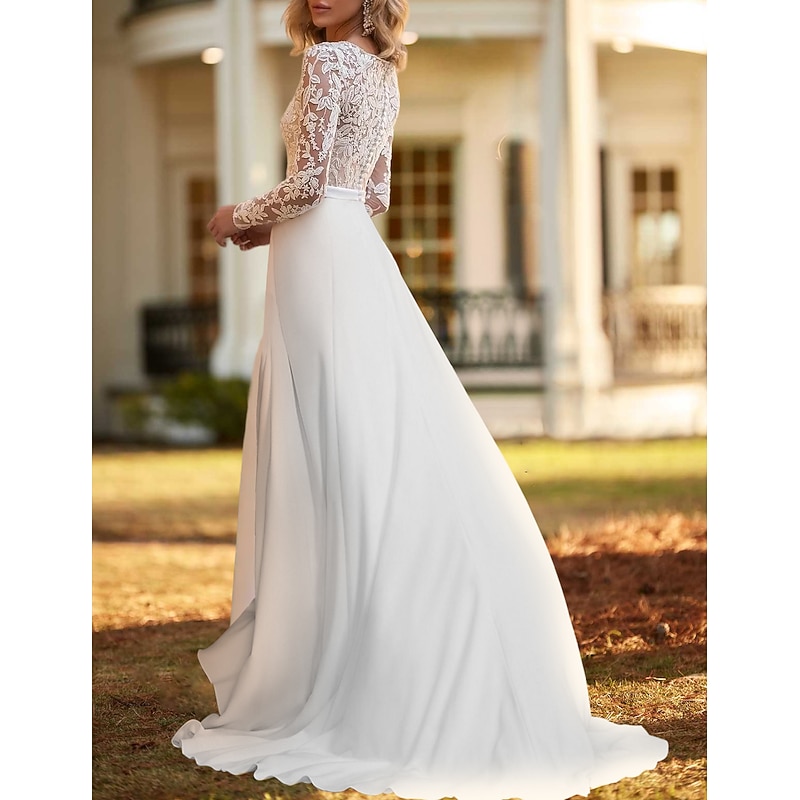 Casual Formal Wedding Dresses Two Piece Scoop Neck Long Sleeve Floor Length Chiffon Bridal Gowns With Appliques Crystal Brooch2