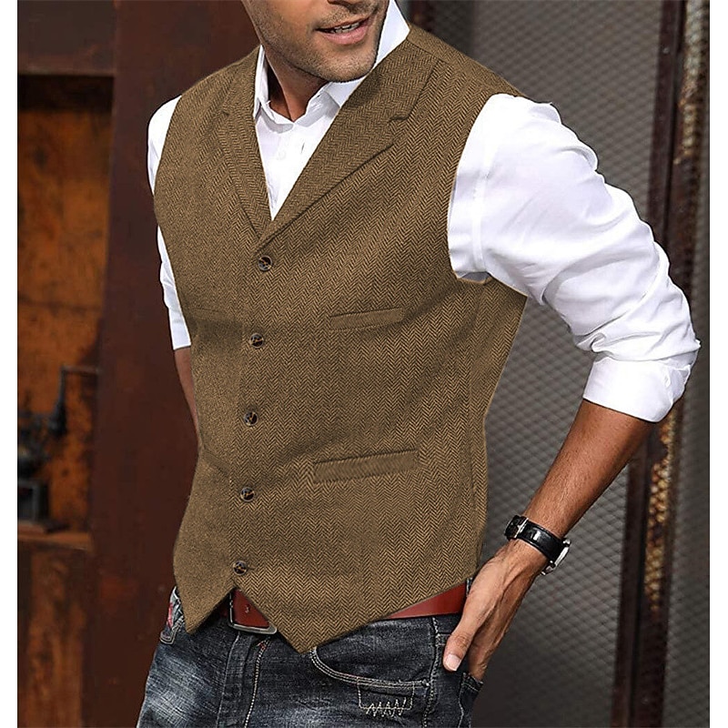 Men's Fashion Vest Herringbone Tailored Fit Notch Single Breasted Five-buttons Silver Black Red 2023
