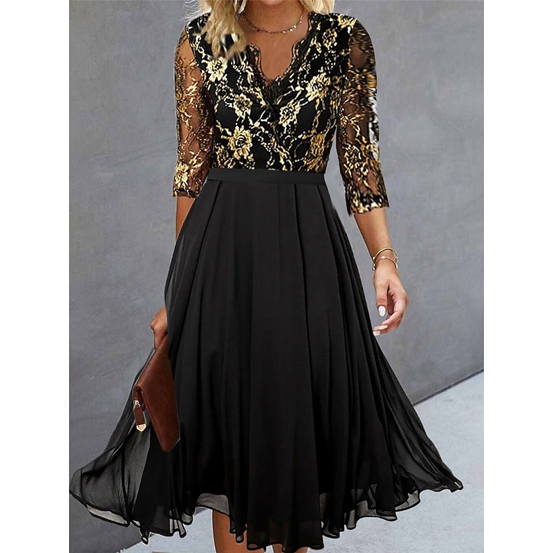 Women's Midi Dress Black Dress Lace Dress Party Dress Cocktail Dress Elegant Fashion Party Formal Vacation Wedding Guest Regular Fit Pure Color 3/4 Length Sleeve V Neck Black Spring Fall Winter Autumn3