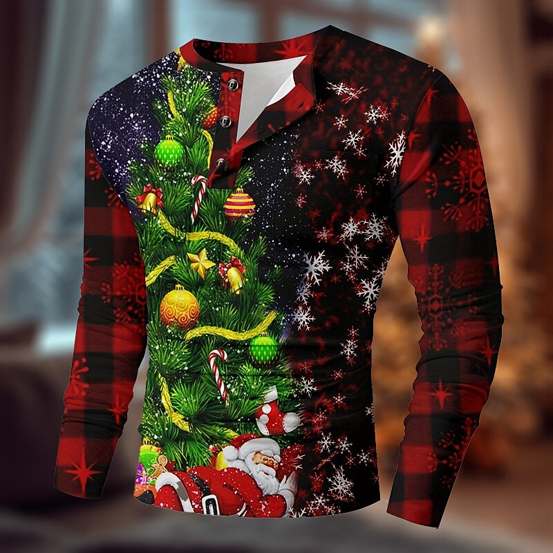 Christmas Men's Christmas tree Henley T Shirt Plaid Santa Claus Tree Fashion Daily Casual 3D Print Henley Casual Holiday Going out Blue Red & White Dark Blue Long Sleeve Henley Spring &  Fall