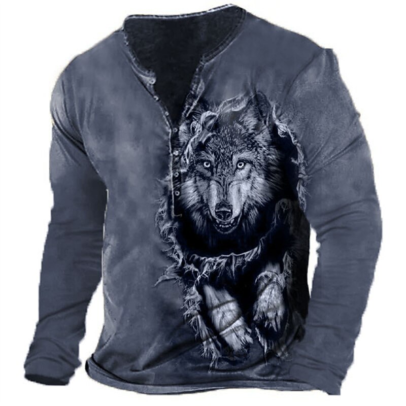 Men's Graphic Wolf Henley Shirt Long Sleeve 3D Print Fashion Daily Casual Casual Holiday Going out Spring &  Fall Green Army Green Dark Blue Dark Gray Henley Henley T-Shirt3