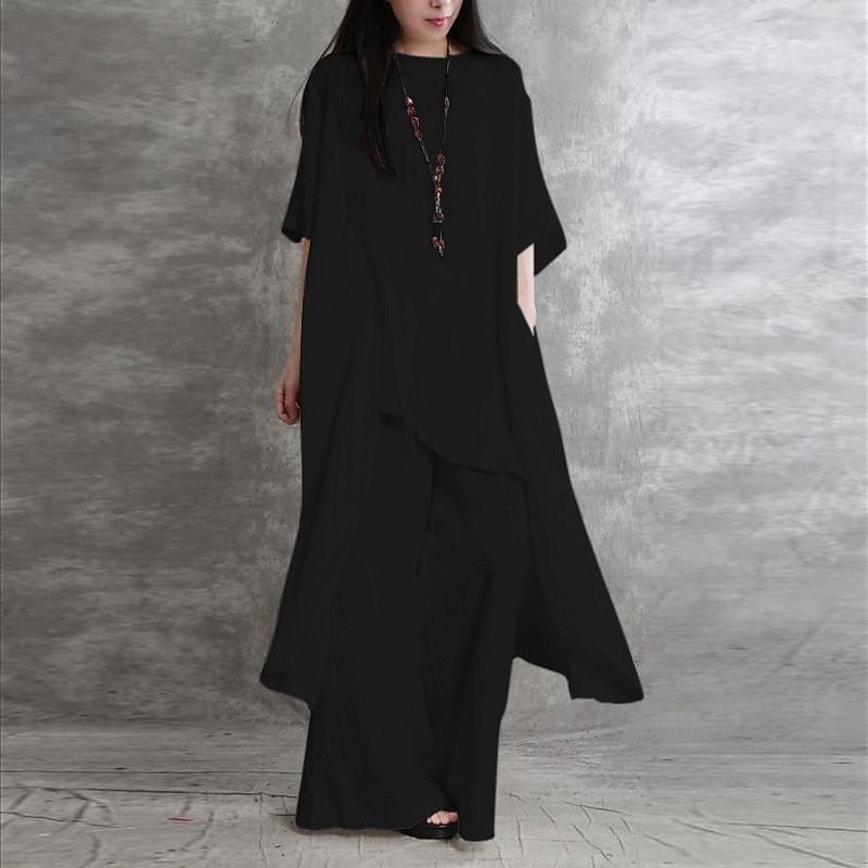 Women's Fashion Shirt Pants Sets Long Cotton Top Wide Leg Pants Trousers Long Sleeve Round Neck Solid Color Casual Daily Black White Wine Spring & Summer Regular Fit