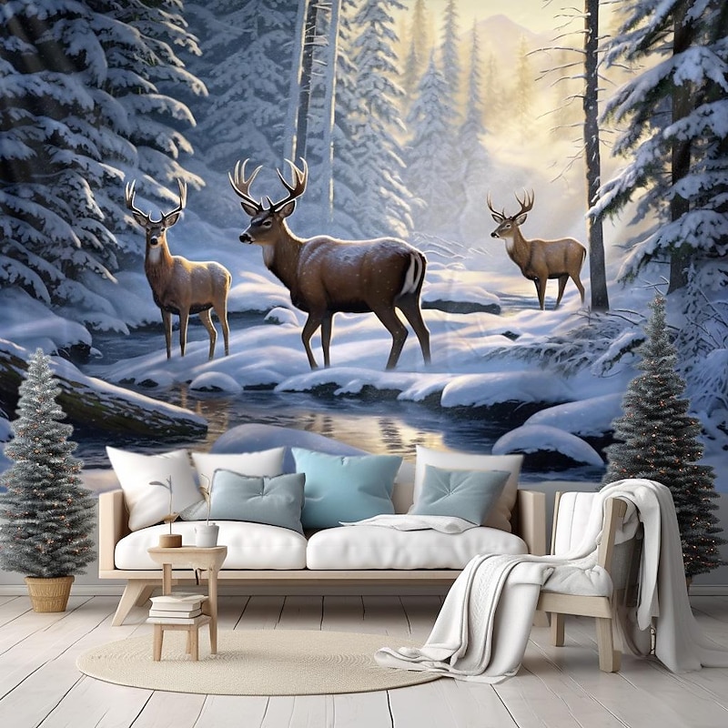 Winter Wonderland Hanging Tapestry Wall Art Large Tapestry Mural Decor Photograph Backdrop Blanket Curtain Home Bedroom Living Room Decoration Snow Reindeer3