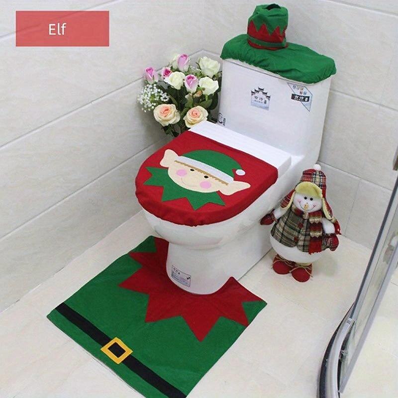 3pcs/ Set Christmas Santa Theme Bathroom Decoration, Includes Toilet Seat Cover, Rugs, Water Box Cover And Toilet Paper Box Cover Christmas Decoration4