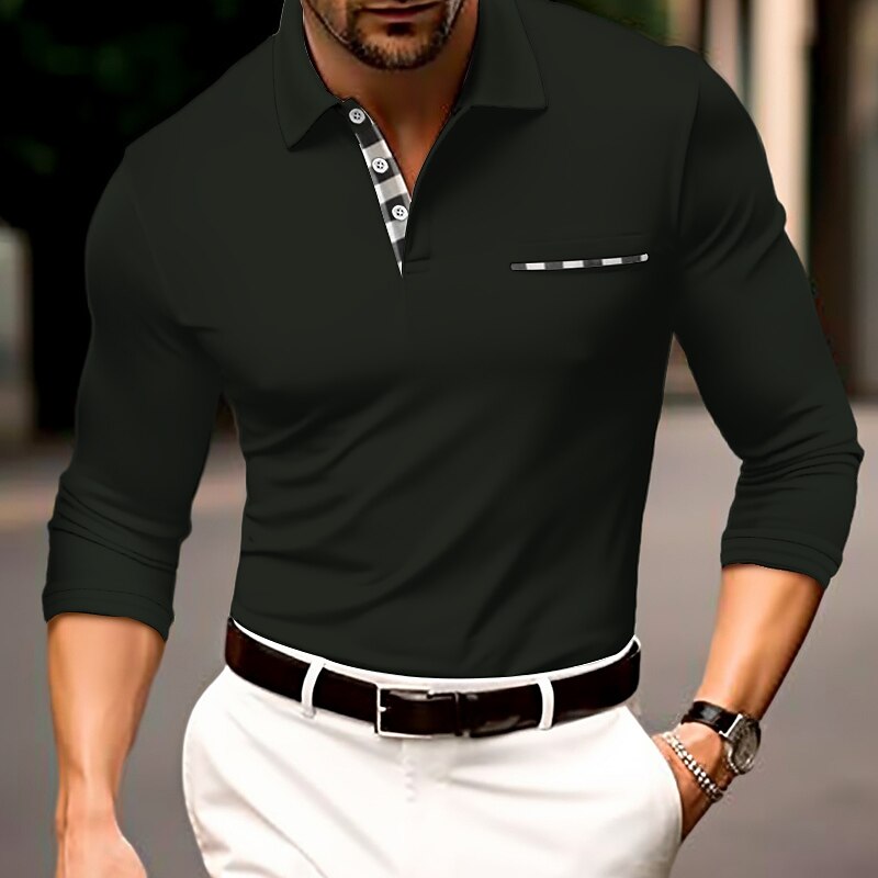 Men's Golf Shirt Polo Casual Sports Lapel Long Sleeve Fashion Basic Color Block Button Front Pocket Spring &  Fall Regular Fit Wine Black Dark Green Orange Brown Gray Golf Shirt2