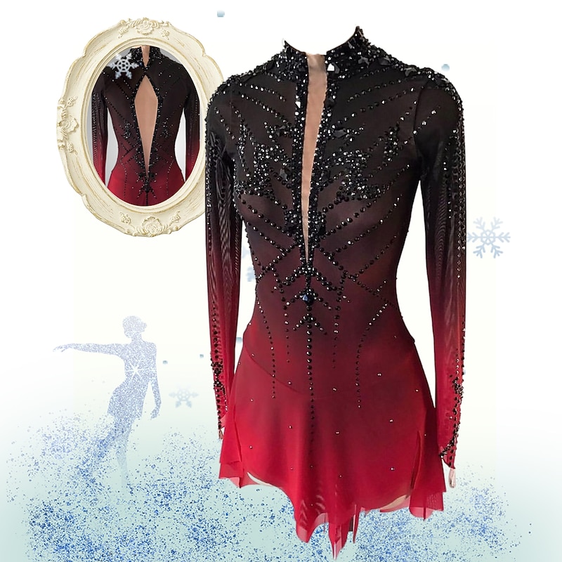 Figure Skating Dress Girls' Ice Skating Dress Black Red Halo Dyeing High Elasticity Professional Competition Skating Wear Thermal Warm Crystal / Rhinestone Long Sleeve Ice Skating Figure Skating
