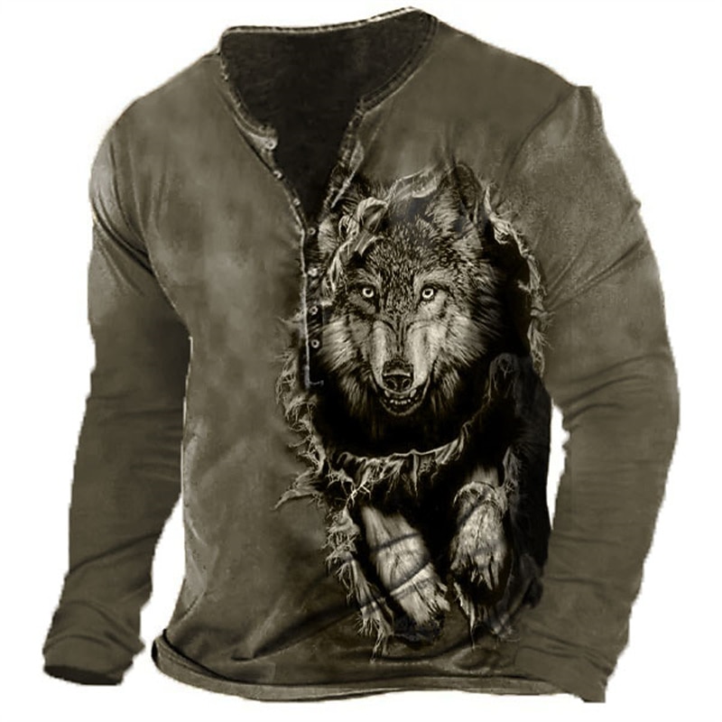 Men's Graphic Wolf Henley Shirt Long Sleeve 3D Print Fashion Daily Casual Casual Holiday Going out Spring &  Fall Green Army Green Dark Blue Dark Gray Henley Henley T-Shirt4