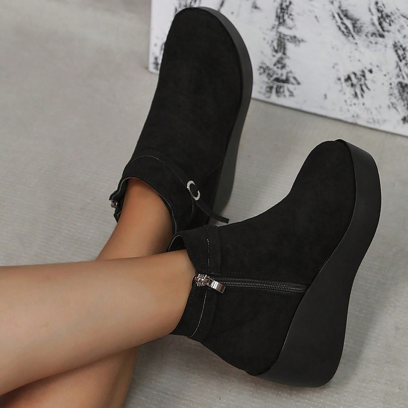 Women's Platform Wedge Ankle Boots – Fashionable Zipper Closure Faux Suede Boots for Casual Fall and Winter Outfits2