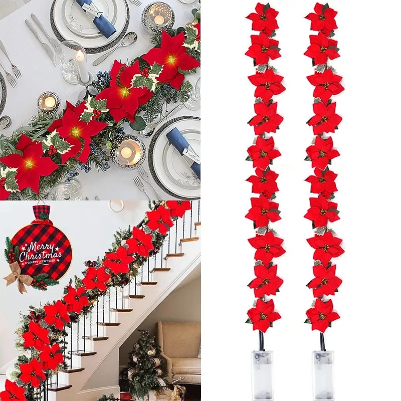 2M 10LEDS Twinkle Star Christmas Poinsettia Garland with Red Berries and Holly Leaves Artificial Flower Xmas String Light Battery Operated4