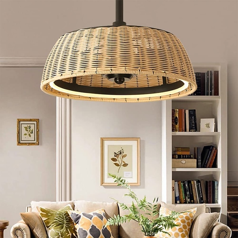 Ceiling Fan with Lights 22 Dimmable Rattan 6 Speeds Timing Reversible Blades with Remote Control Household Fan Chandelier Indoor Low Profile Flush Mount Ceiling Fan 110-240V