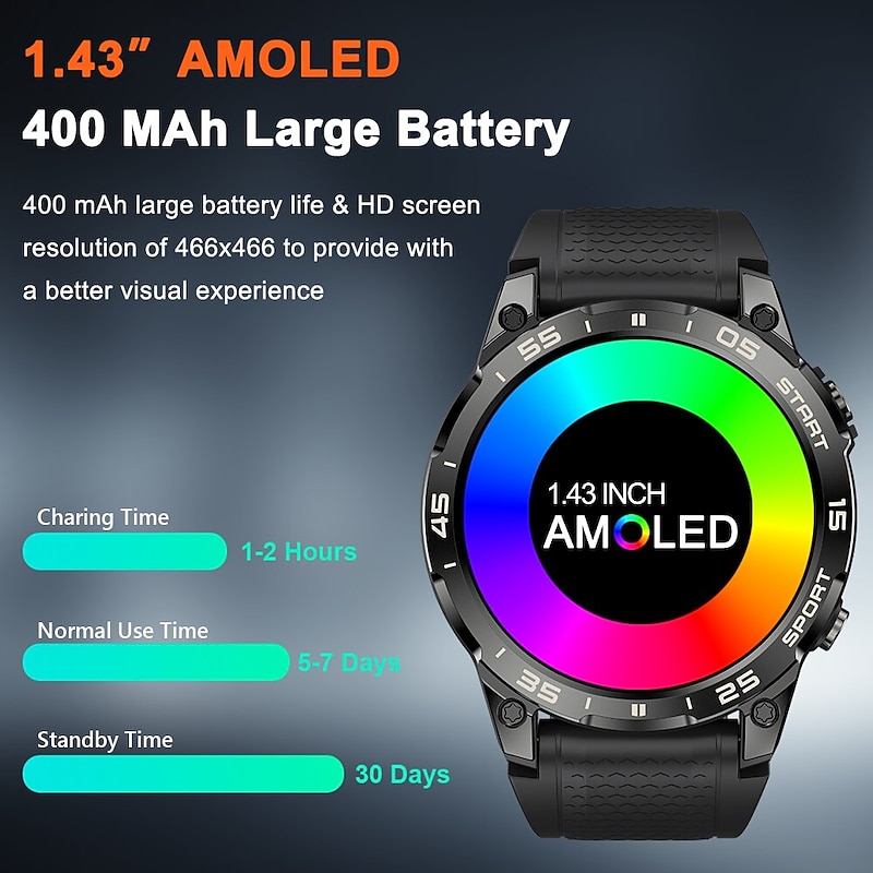Military GPS Smart Watch for Men, 1.43 AMOLED Screen, Heart Rate, IP68 Waterproof, Compatible with Android iOS3