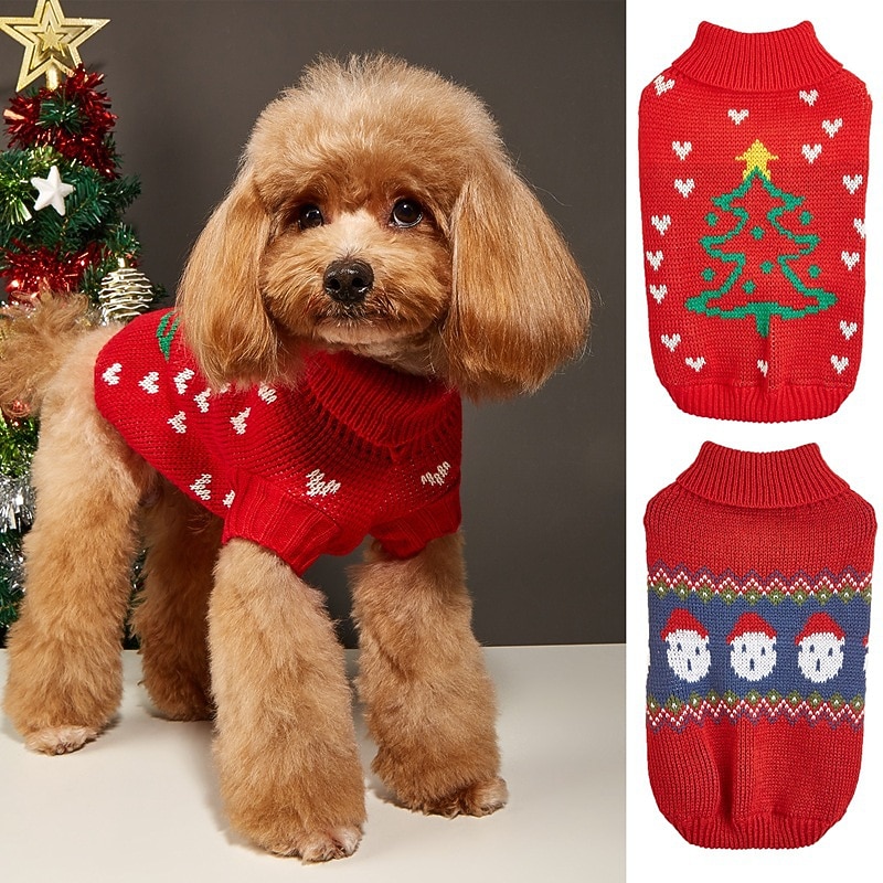 Christmas Dog Clothes High Collar Red Joyful Christmas Tree Snowman Star Autumn Winter Pet Sweater