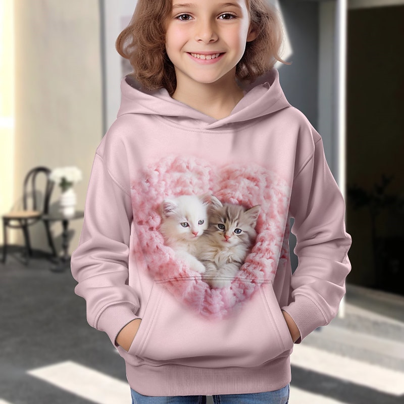 Girls' 3D Cartoon Cat Hoodie Pullover Long Sleeve 3D Print Fall Winter Active Fashion Cute Kids 3-12 Years Outdoor Casual Daily Regular Fit