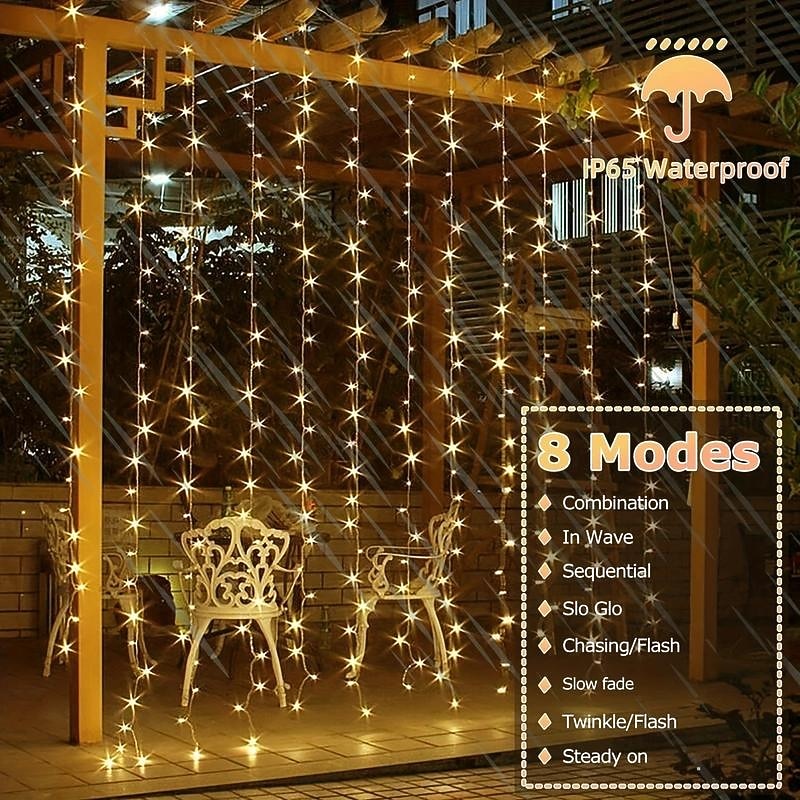 1pc Solar Curtain Lights Outdoor Light 8 Lighting Modes Waterproof Waterfall Fairy Light String Window Wall Hanging Solar Patio Light Outside Wedding Party Christmas Decor, Halloween Decorations Light2