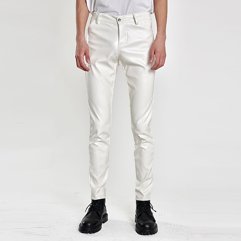 Men's Trousers Faux Leather Pants Casual Pants Pocket Plain Comfort Breathable Outdoor Daily Going out Fashion Casual Black White3