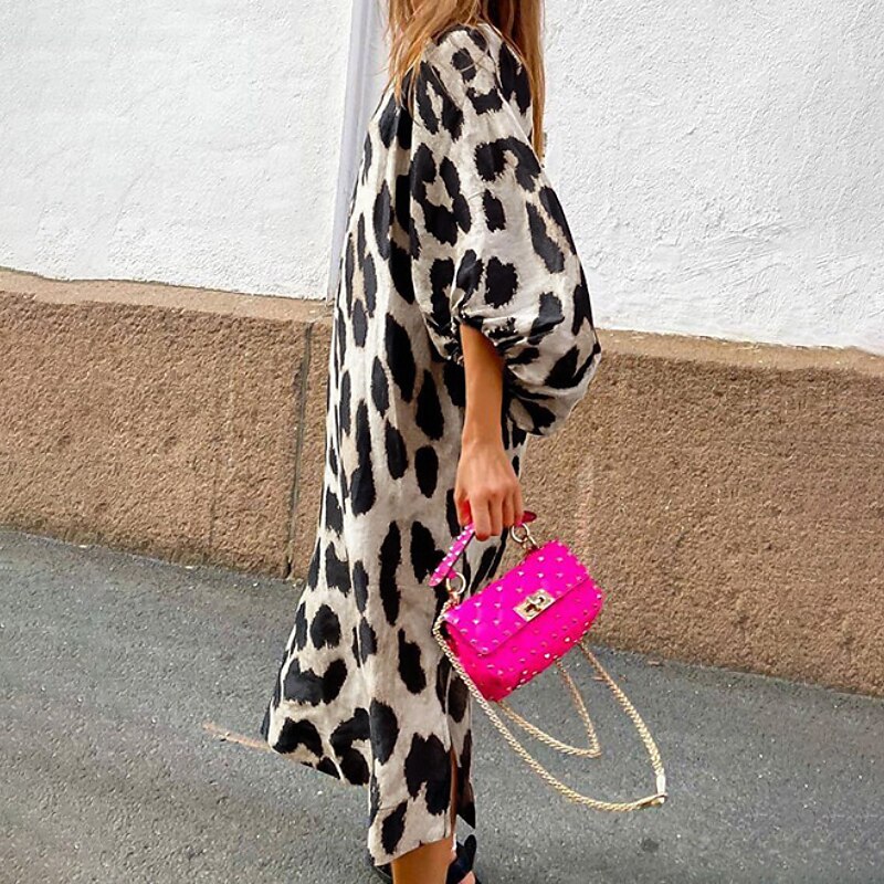 Women's Midi Dress Casual Dress Boho Chic Dresses Long Sleeve Boho Dress Bohemia Casual Lantern Sleeve Vacation Holiday Going out Regular Fit Leopard 3/4 Length Sleeve V Neck Leopard Summer Spring2