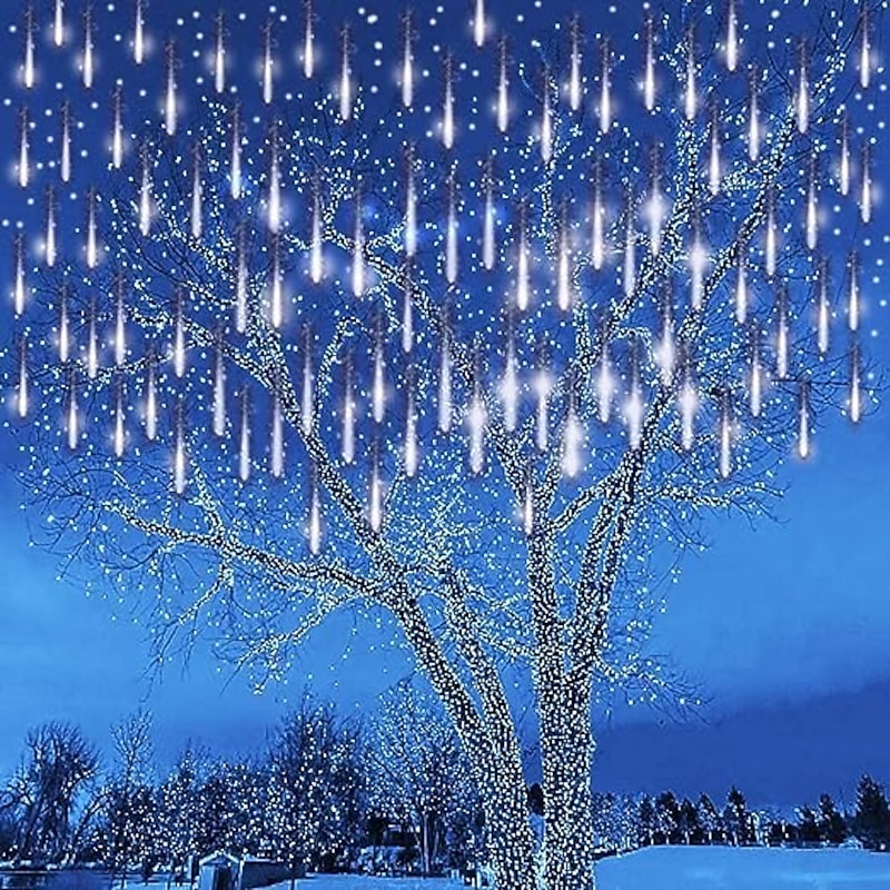 Solar Meteor Shower Rain Lights 30cm/50cm/80cm 8 Tubes Falling Raindrop Fairy String Light Waterproof Plug in Icicle Lights Outdoor for Halloween Christmas Party Patio Decor3