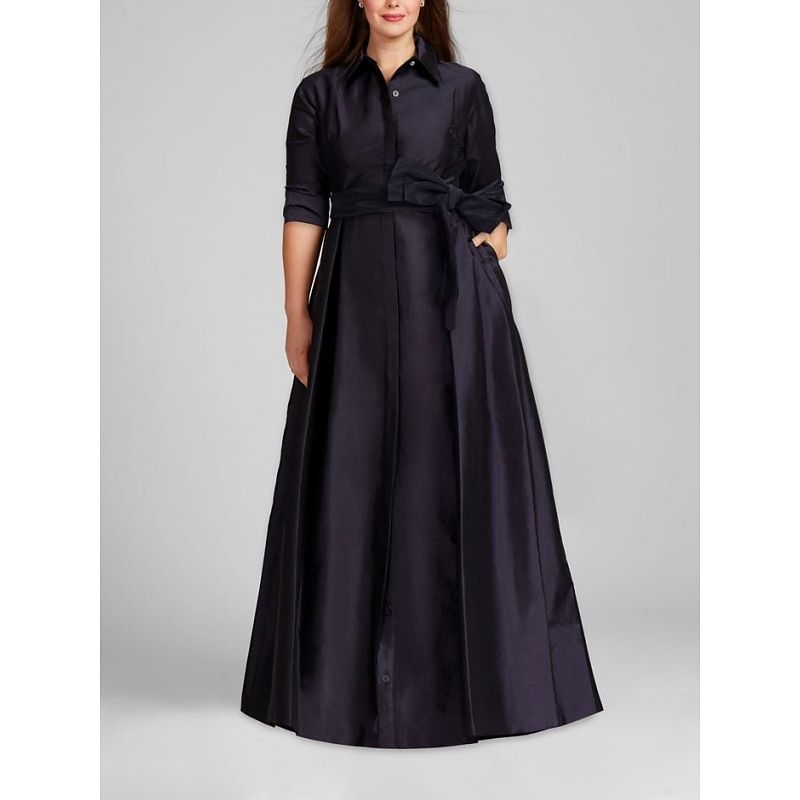 A-Line Mother of the Bride Evening GownGold Minimalist Dress Formal Wedding Guest Floor Length Half Sleeve Shirt Collar Satin with Bow(s) Pleats4
