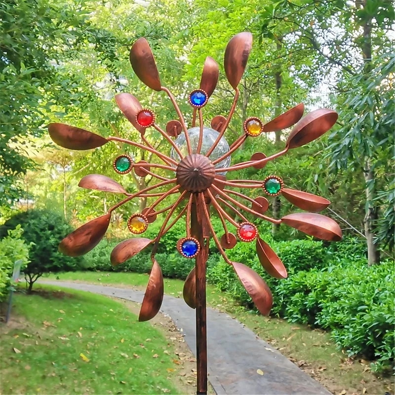 Garden Sunflower Solar LED Lights Glass Ball Bronze Iron Double-Sided Rotating Ornaments Windmill Yard Outdoor Decor2