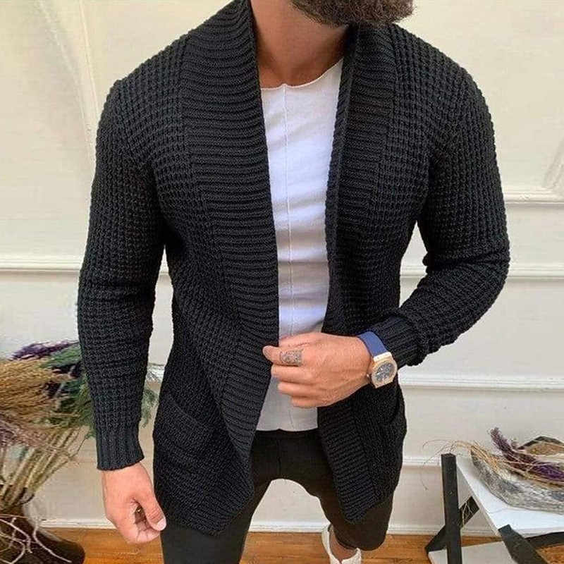 Men's Cardigan Sweater Fall Sweater Ribbed Knit Regular Tops Knitted Plain Open Front Warm Ups Modern Contemporary Daily Wear Going out Clothing Apparel Winter Black Blue M L XL3