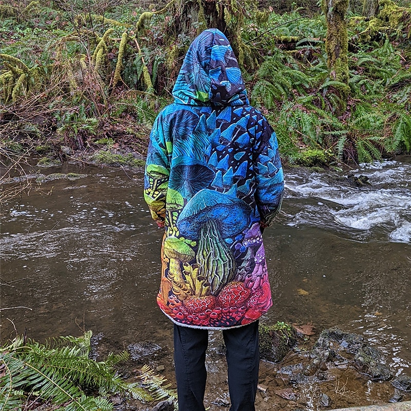 Men's Mushroom Winter Coat Fleece Jacket Coat Comfortable Warm Breathable Abstract Hippie Sports & Outdoor Daily Wear Going out Zipper Pocket Print Fall & Winter Hoodie Long Sleeve Blue2