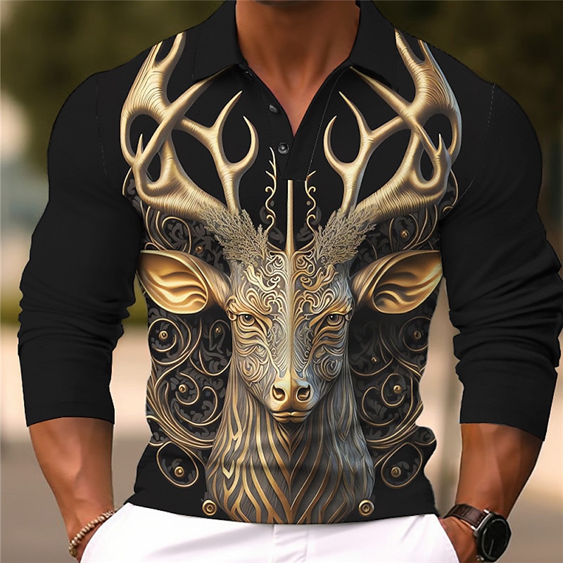 Men's Polo Shirts Golf Shirt Long Sleeve Polo Shirts Collared Shirts Casual Funny Vacation Wear Party Outfits 3D Print Buttons Fall & Winter Blue Gold2