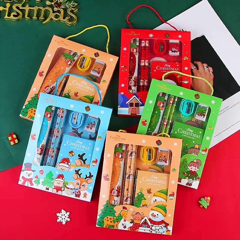 6pcs/set Christmas Portable Stationery Gift Box Set Contain 2 Pencils 1 Pencil Sharpener 1 Eraser 1 Ruler 1 Sticky Note Paper For Primary School Student Children Learning Gift Award