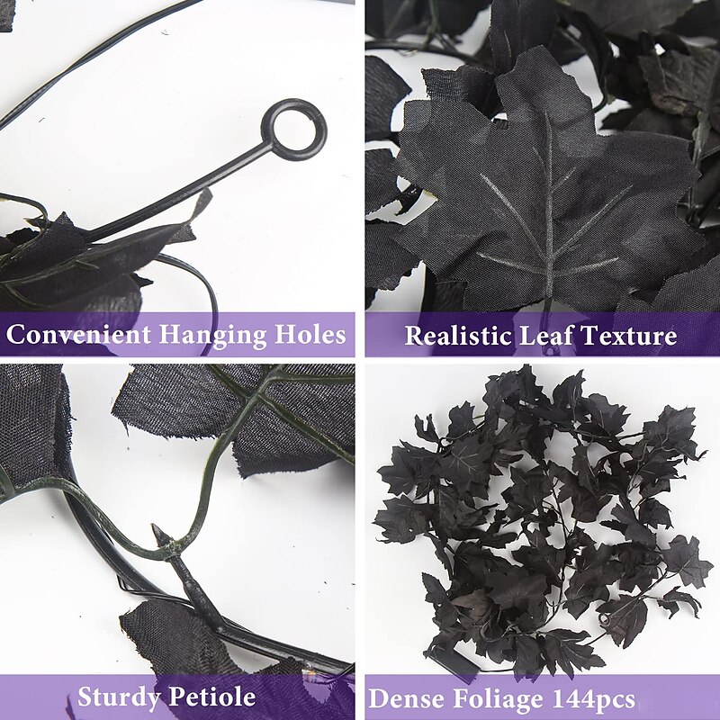 Black Garland Halloween 10FT Black Vines Maple Leaf with Purple Lights for Fireplace Stairs Party Hanging Decor4
