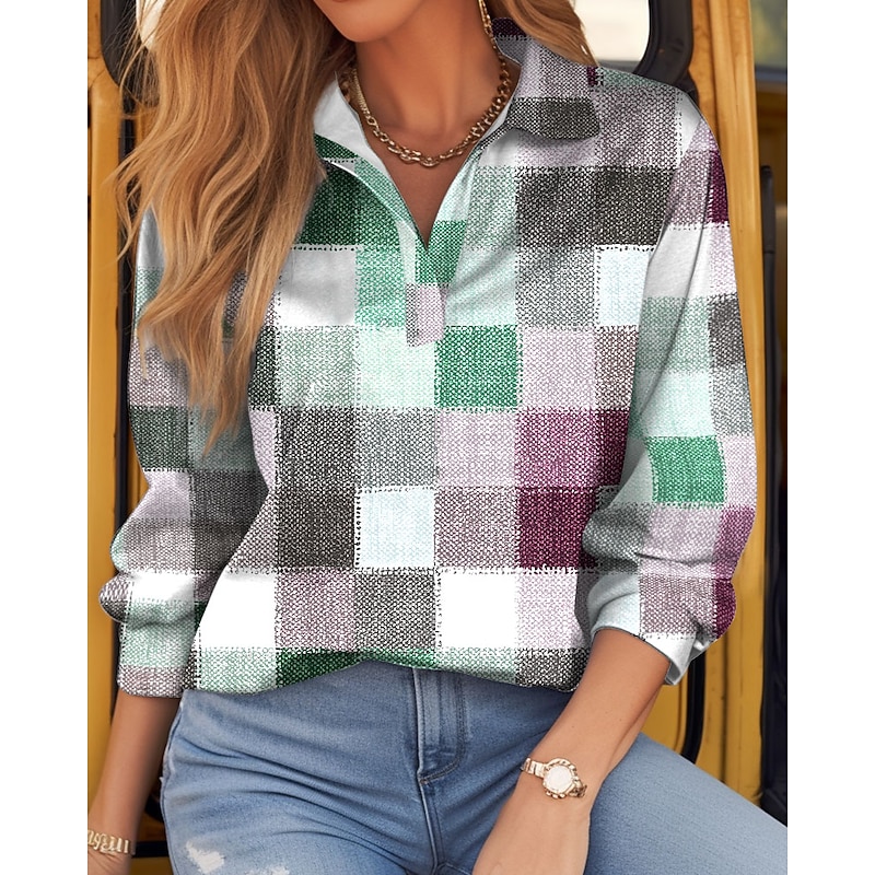Women's T shirt Long Sleeve Plaid Basic Long Sleeve Shirt Collar Regular Tops Daily Weekend Print Light Green Red Green Khaki Gray Spring & Fall Prefall2
