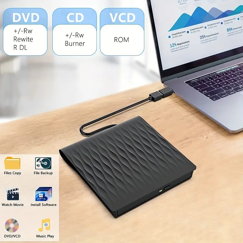 External CD/DVD Drive For Laptop USB 3.0 & Type-C External CD DVD Burner CD/DVD/-RW Rewriter For Laptop Desktop IMac MacBook Compatible With Windows 11/10/XP/8/7/Vista/Linux/MacOS2