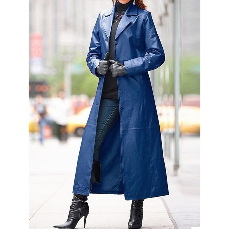 Women's Faux Leather Jacket Trench Coat Outdoor Buttons Plain Waterproof Streetwear Regular Fit Outerwear Long Sleeve Fall Black L4
