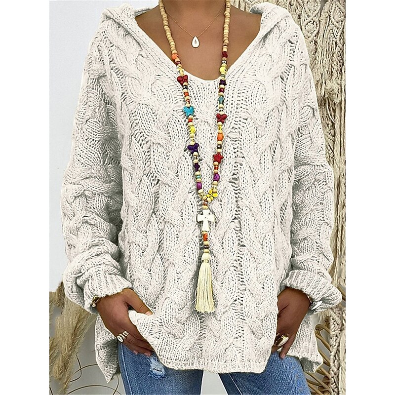 Women's Pullover Sweater Jumper Hooded Cable Knit Oversized Fall Winter Daily Going out Weekend Stylish Casual Soft Long Sleeve Solid Color Black Pink4