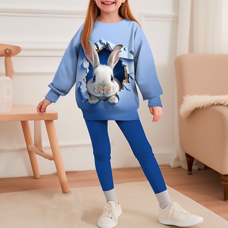 Easter Girls' 3D Rabbit Color Gradient Sweatshirt & Legging Set Set Long Sleeve 3D Print Fall Winter Active Fashion Daily Kids 3-12 Years Crew Neck Outdoor Vacation Date Regular Fit4
