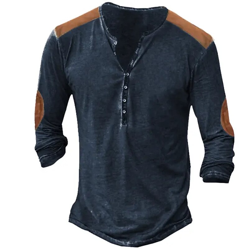 Men's Button T Shirt T Shirt Henley Shirt Tee Top Long Sleeve Henley Spring &  Fall Color Block Vintage Designer Basic Patchwork Vacation Street Going out Navy Blue Dark Gray Khaki Top Tee for Men3