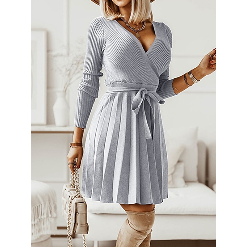 Women's Sweater Dress Knit Dress Jumper Dress Mini Dress Knitwear Fashion Daily Plain Outdoor Daily Going out Surplice Neck Long Sleeve Tie Front 2023 Loose Fit Black Green khaki S M L XL XXL3