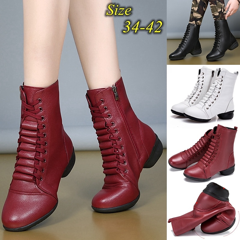 Women's Red Lace-Up Leather Dance Boots with Side Zipper, Comfortable and Stylish for Various Dance Styles, Perfect for Performances and Rehearsals