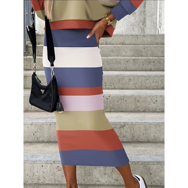 Women's Dress Set Casual Dress Skirt Set Sheath Dress Fashion Streetwear Floral Geometric Print Midi Dress Long Sleeve V Neck Outdoor Vacation Black White Yellow Fall Winter Loose Fit 5