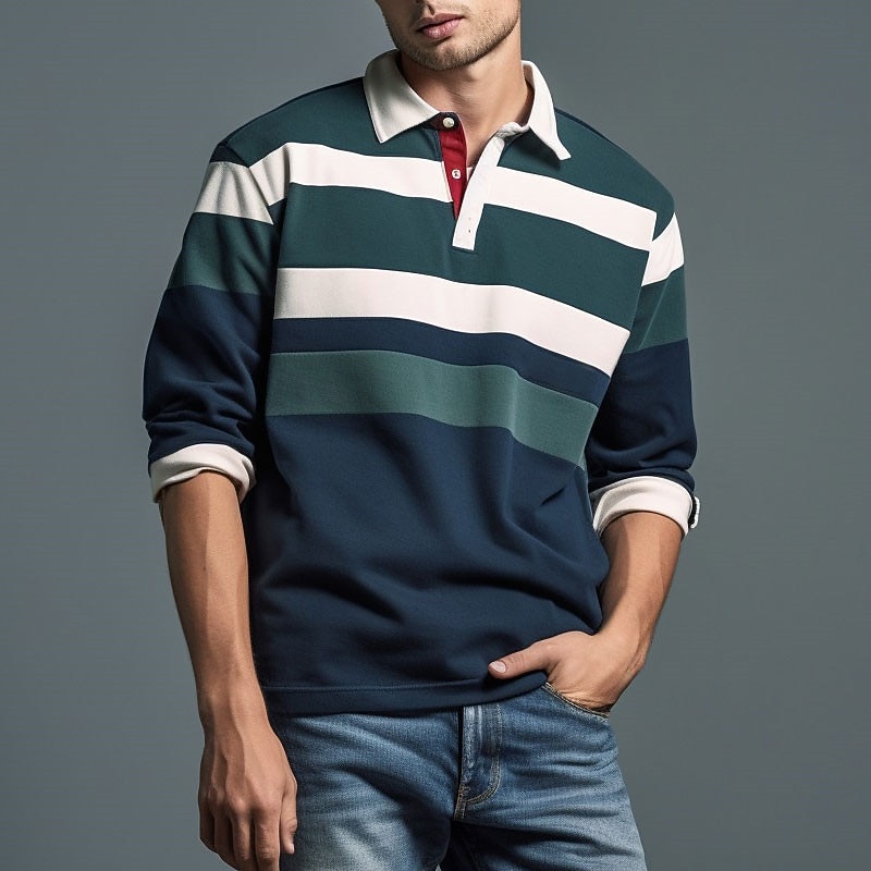Men's Striped Rugby Polo Shirts Long Sleeve Polo Shirts Zip Casual Outdoor Casual Daily Streetwear 3D Print Fall & Winter Navy Blue Green Dark Blue3