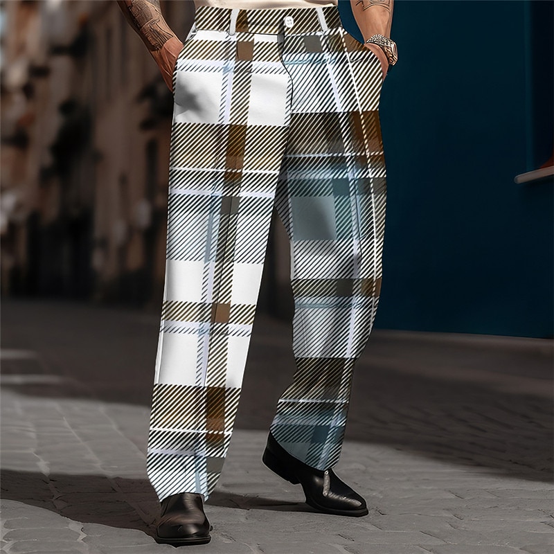 Plaid Business Men's 3D Print Pants Trousers Outdoor Street Wear to work Polyester Blue Purple Brown S M L High Elasticity Pants3