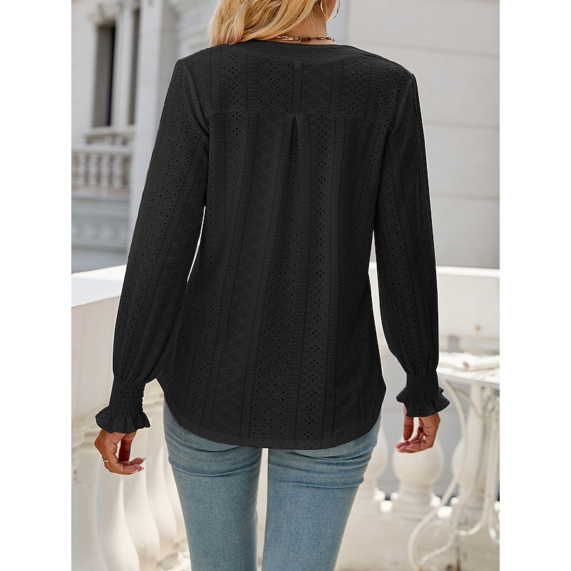 Shirt Blouse Women's Black White Pink Solid Color Hollow Out Daily Fashion Shirt Collar Regular Fit S4