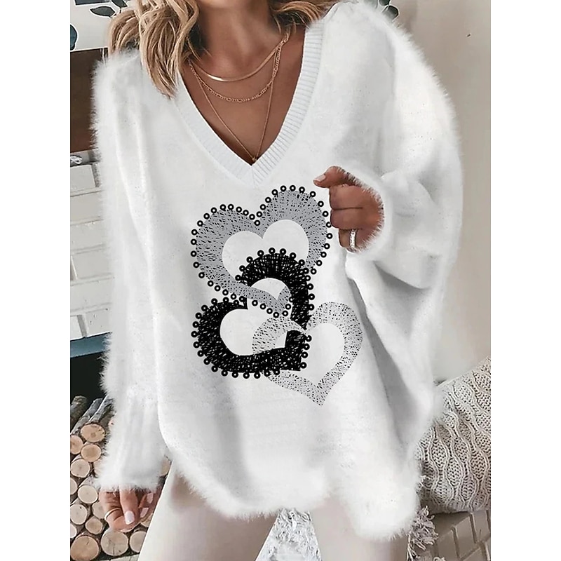 Women's Pullover Sweater Jumper Stylish Soft Heart Fuzzy Crew Neck Print Drop Shoulder Long Sleeve Regular Tops Knit Going out Weekend White Pink Fall Winter3