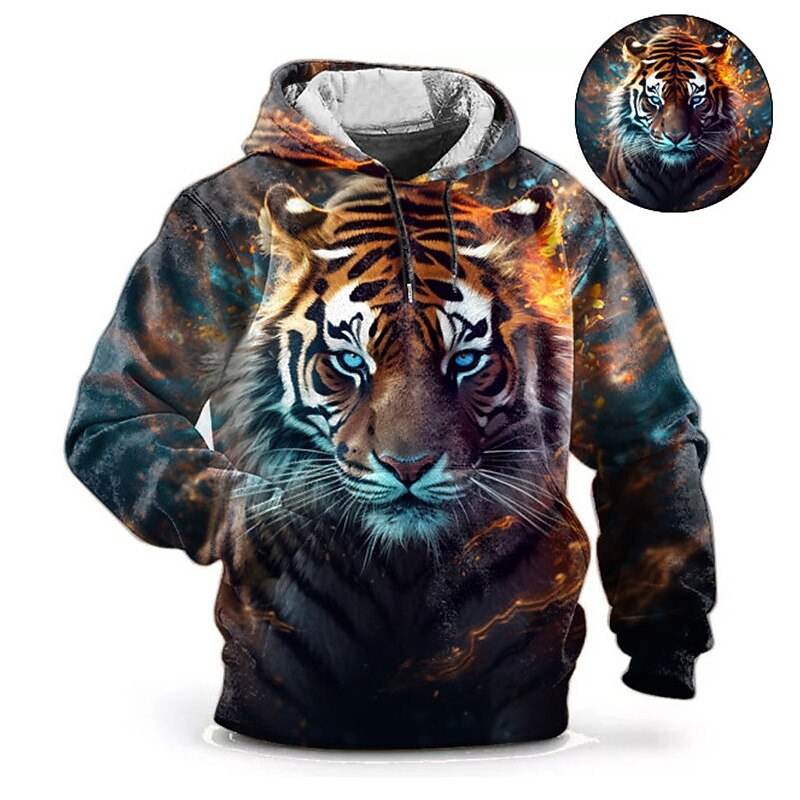 Men's Graphic Animal Tiger Hoodie Hoodies Sweatshirt Fashion Daily Long Sleeve Hooded Vacation Sports Outdoor Holiday Red Blue Print Front Pocket Spring &  Fall Designer