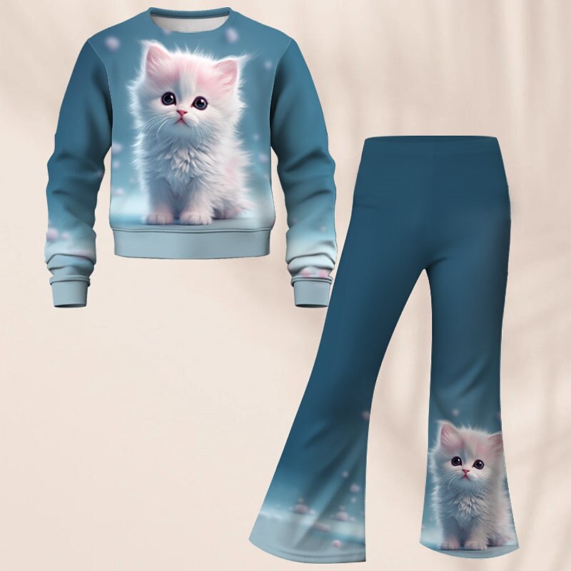 Girls' 3D Galaxy Cat Set Sweatshirt & Flare Pants Set Long Sleeve 3D Print Fall Winter Active Fashion Daily Kids 4 years+ Crew Neck Outdoor Vacation Date Regular Fit3